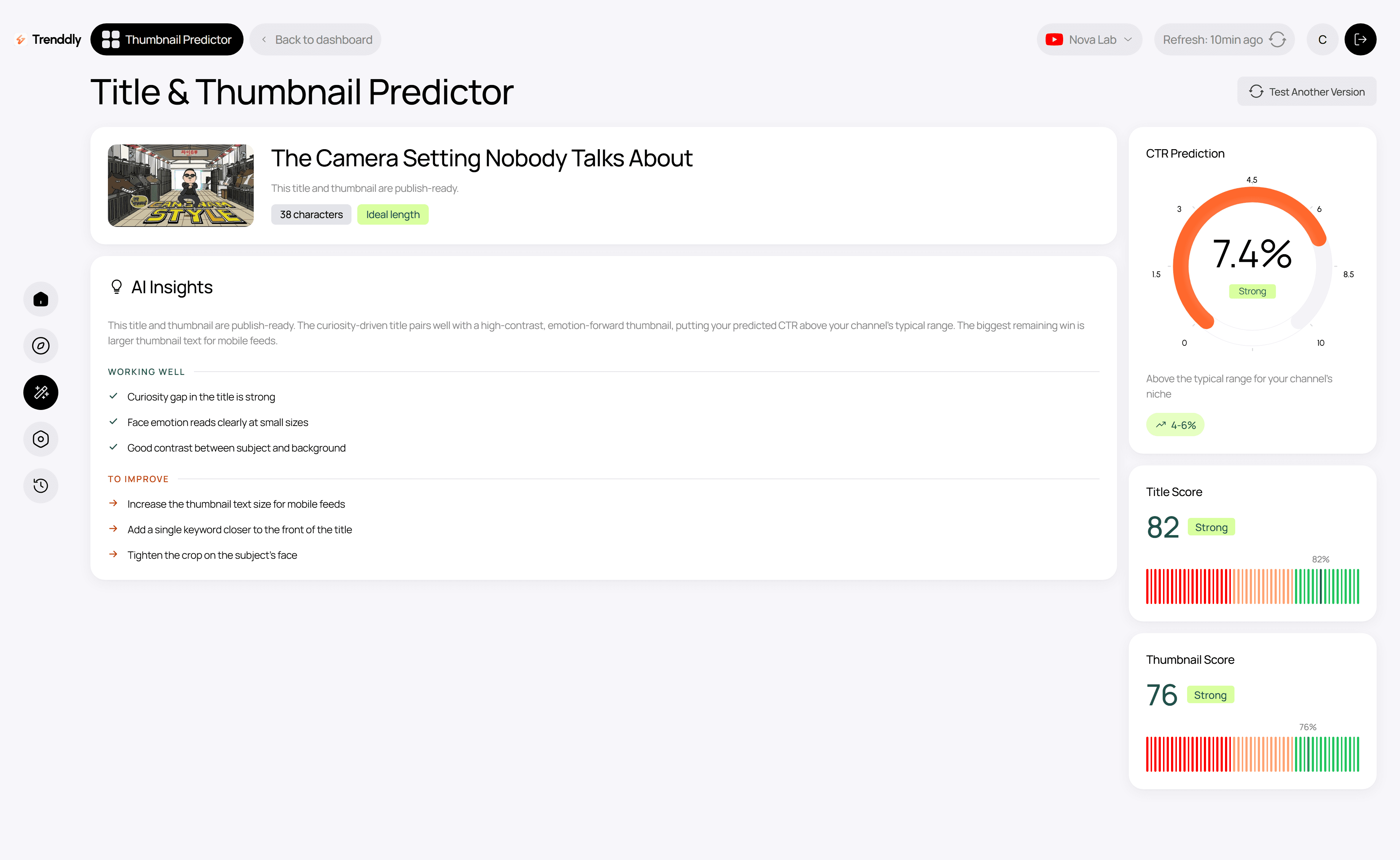 The title and thumbnail scoring view shown before publishing a video