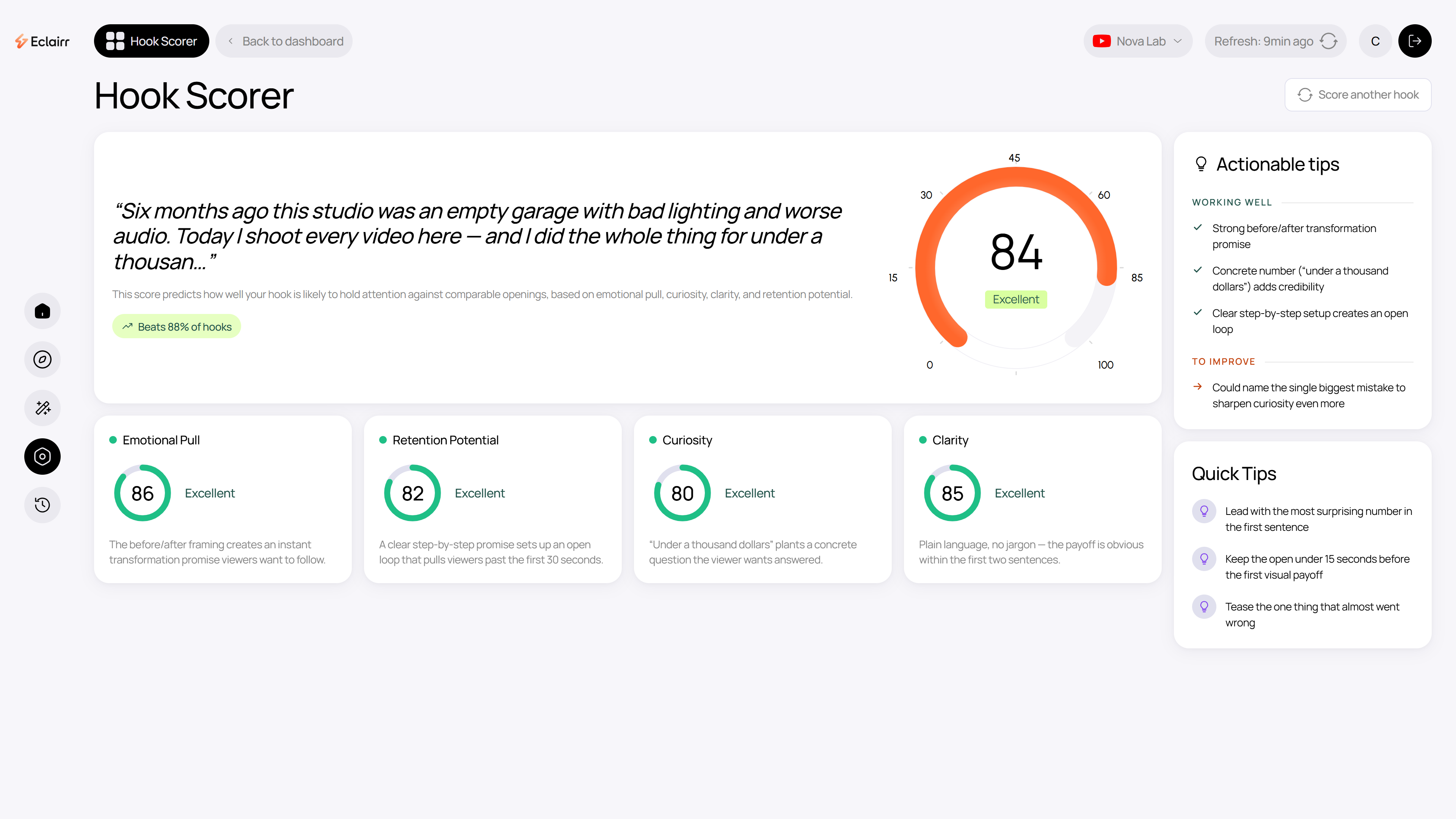 The Trenddly Hook Scorer showing an overall score, sub-scores, and actionable tips for a hook